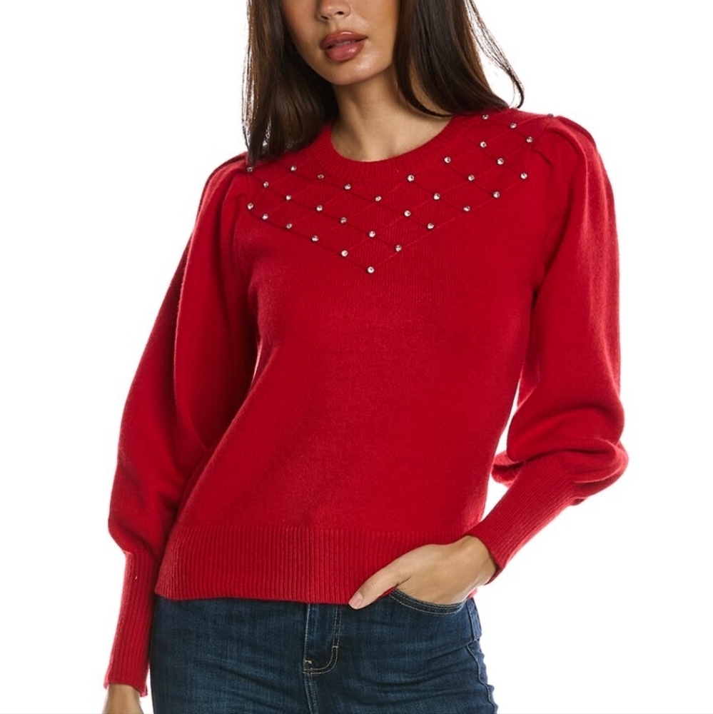 New Nanette Lepore Red Embellished Crystal Crew Neck Sweater Size Large